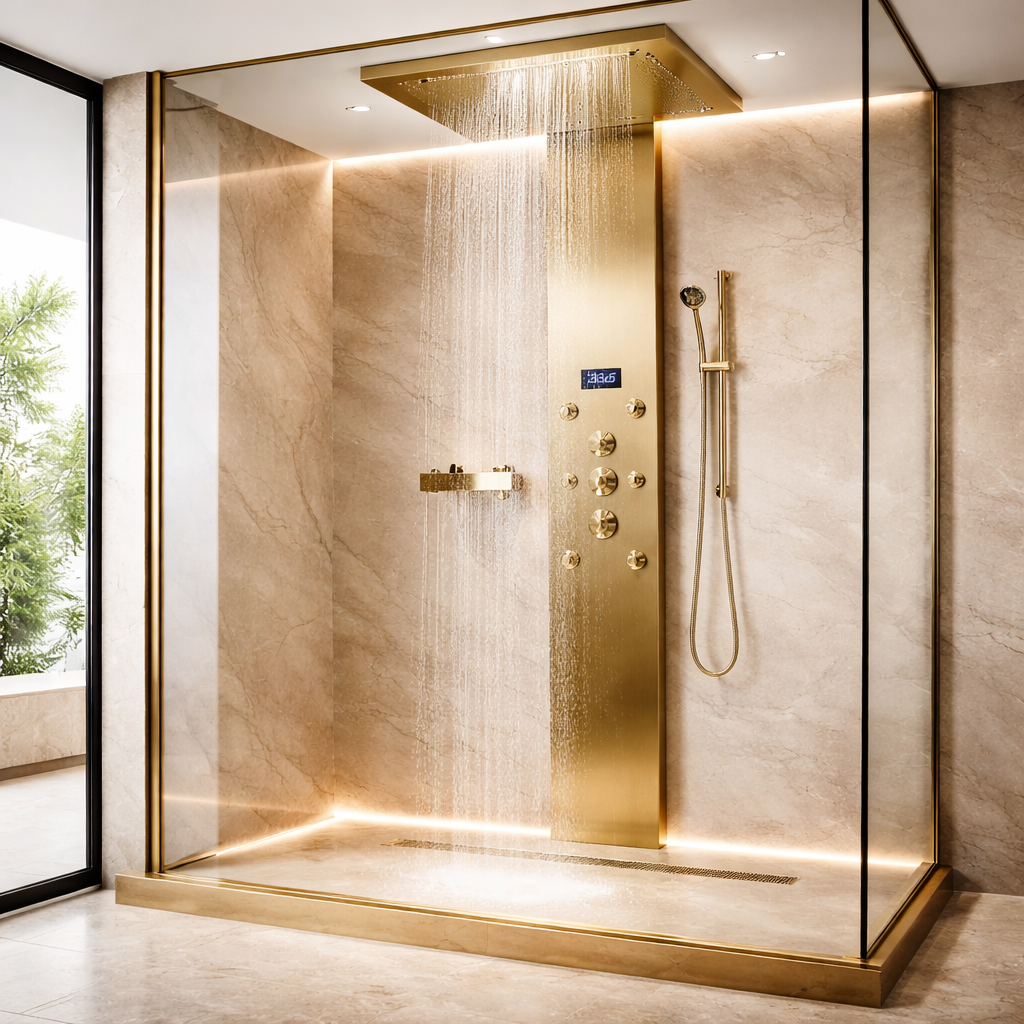 Contemporary shower space with vertical shower panel and handheld spray
