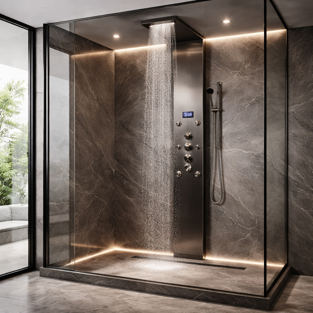 Modern bathroom shower panel system installed on a tiled wall